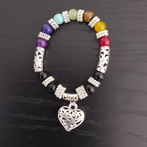 Silver Multicolor Chakra Beaded Bracelet with Heart Charm